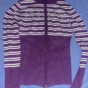 Vintage Y2K Guess Women's Purple and White Striped Cardigan bedazzled guess